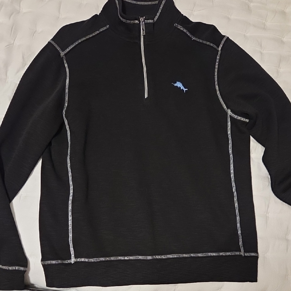 Tommy Bahama Black Zip Up Sweater with Contrast Stitching, Worn Very Little